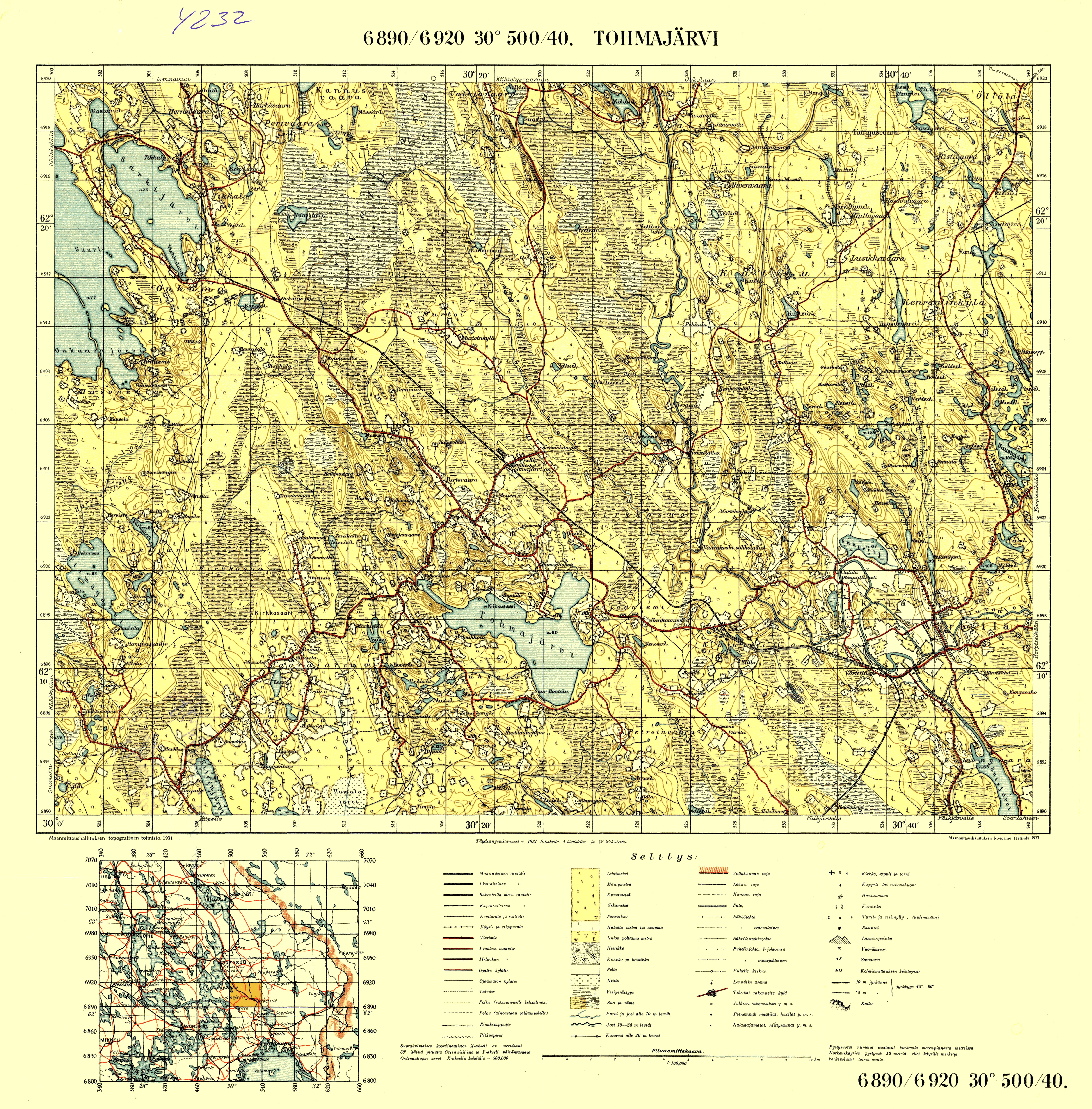 Tohmajärvi. Topografikartta 4232. Topographic map from 1933. Use the zooming tool to explore in higher level of detail. Obtain as a quality print or high resolution image
