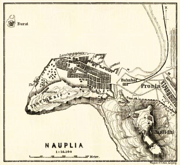 Nafplion (Nauplia) town plan, 1908. Use the zooming tool to explore in higher level of detail. Obtain as a quality print or high resolution image