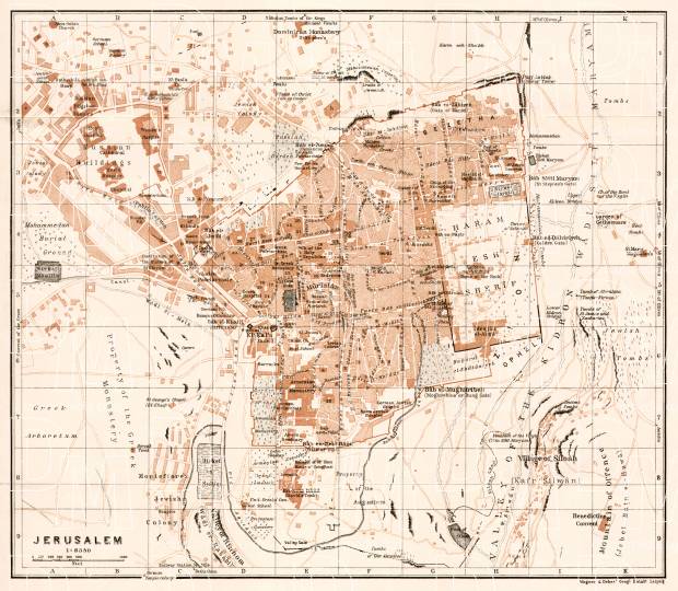Jerusalem (יְרוּשָׁלַיִם) city map, 1911. Use the zooming tool to explore in higher level of detail. Obtain as a quality print or high resolution image