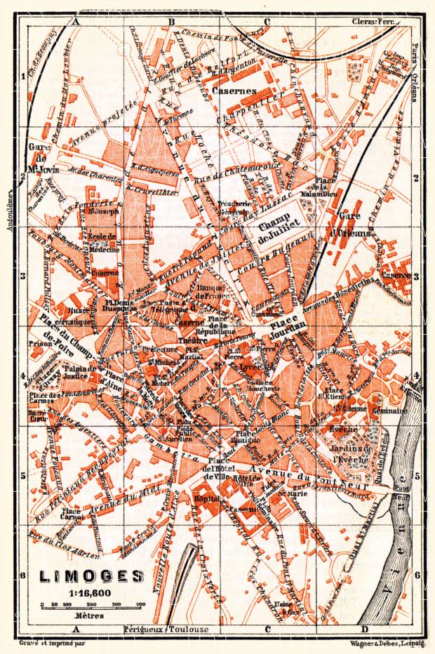 Limoges city map, 1885. Use the zooming tool to explore in higher level of detail. Obtain as a quality print or high resolution image