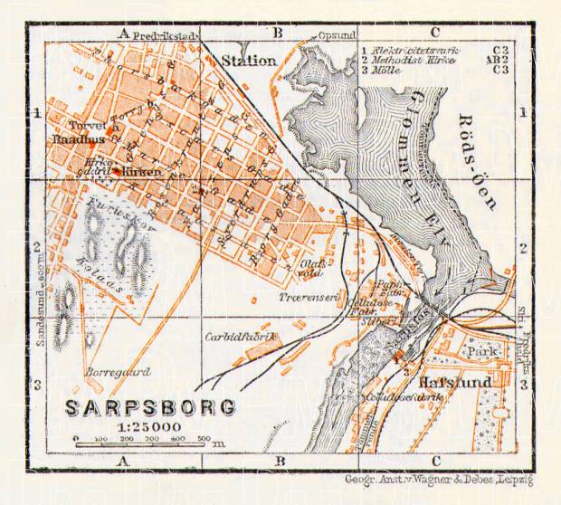 Sarpsborg, city map, 1910. Use the zooming tool to explore in higher level of detail. Obtain as a quality print or high resolution image
