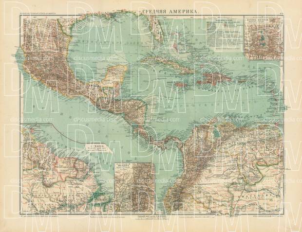 Central America Map (in Russian), 1910. Use the zooming tool to explore in higher level of detail. Obtain as a quality print or high resolution image