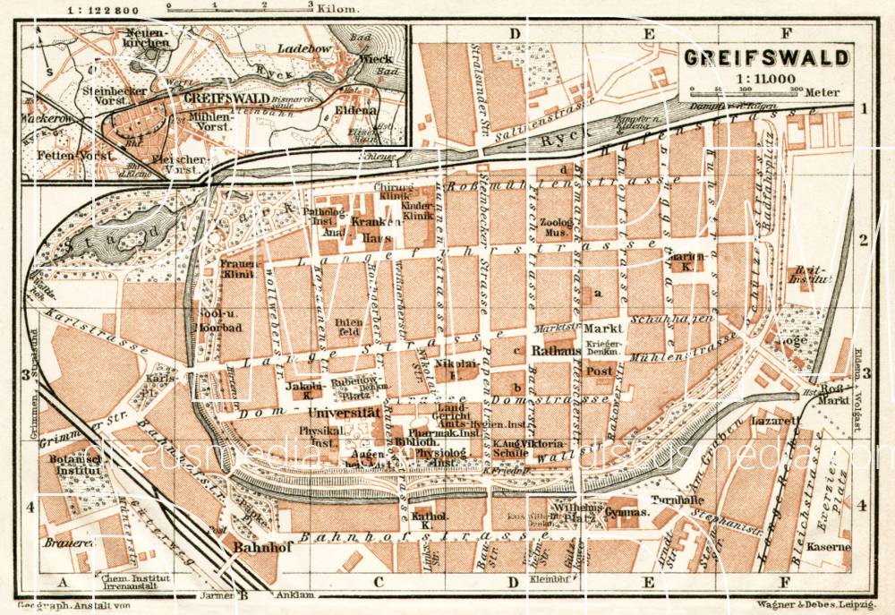Old map of Greifswald in 1911. Buy vintage map replica poster print or