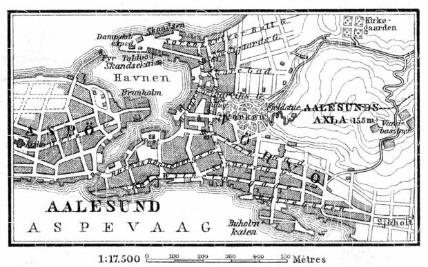 Aalesund (Ålesund) town plan, 1910. Use the zooming tool to explore in higher level of detail. Obtain as a quality print or high resolution image