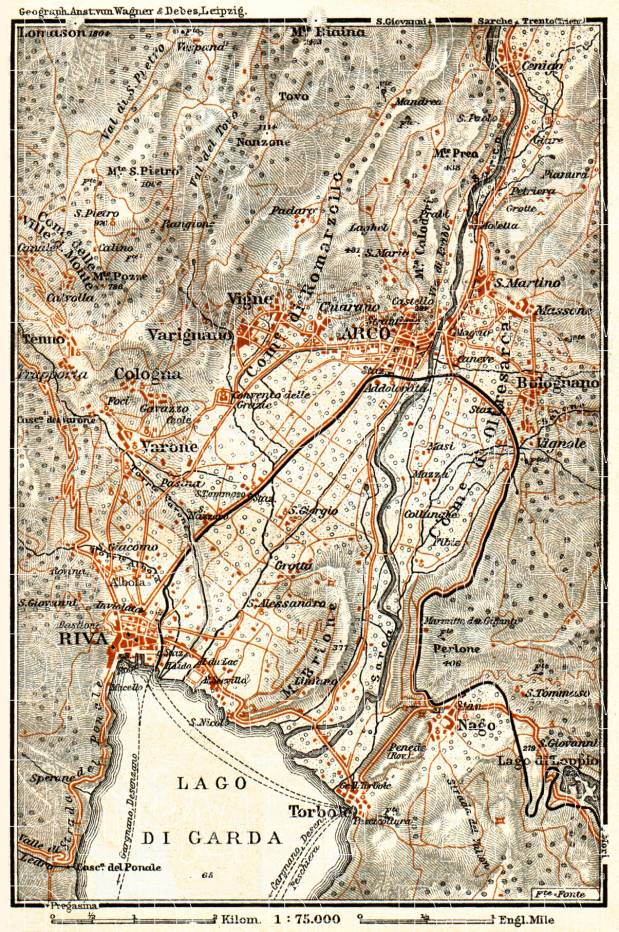 Arco, Riva and their environs map, 1911. Use the zooming tool to explore in higher level of detail. Obtain as a quality print or high resolution image