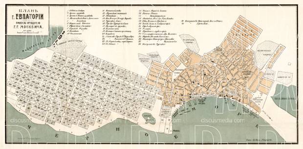 Eupatoria (Yevpatoria, Євпаторія, Евпатория) city map, 1905. Use the zooming tool to explore in higher level of detail. Obtain as a quality print or high resolution image