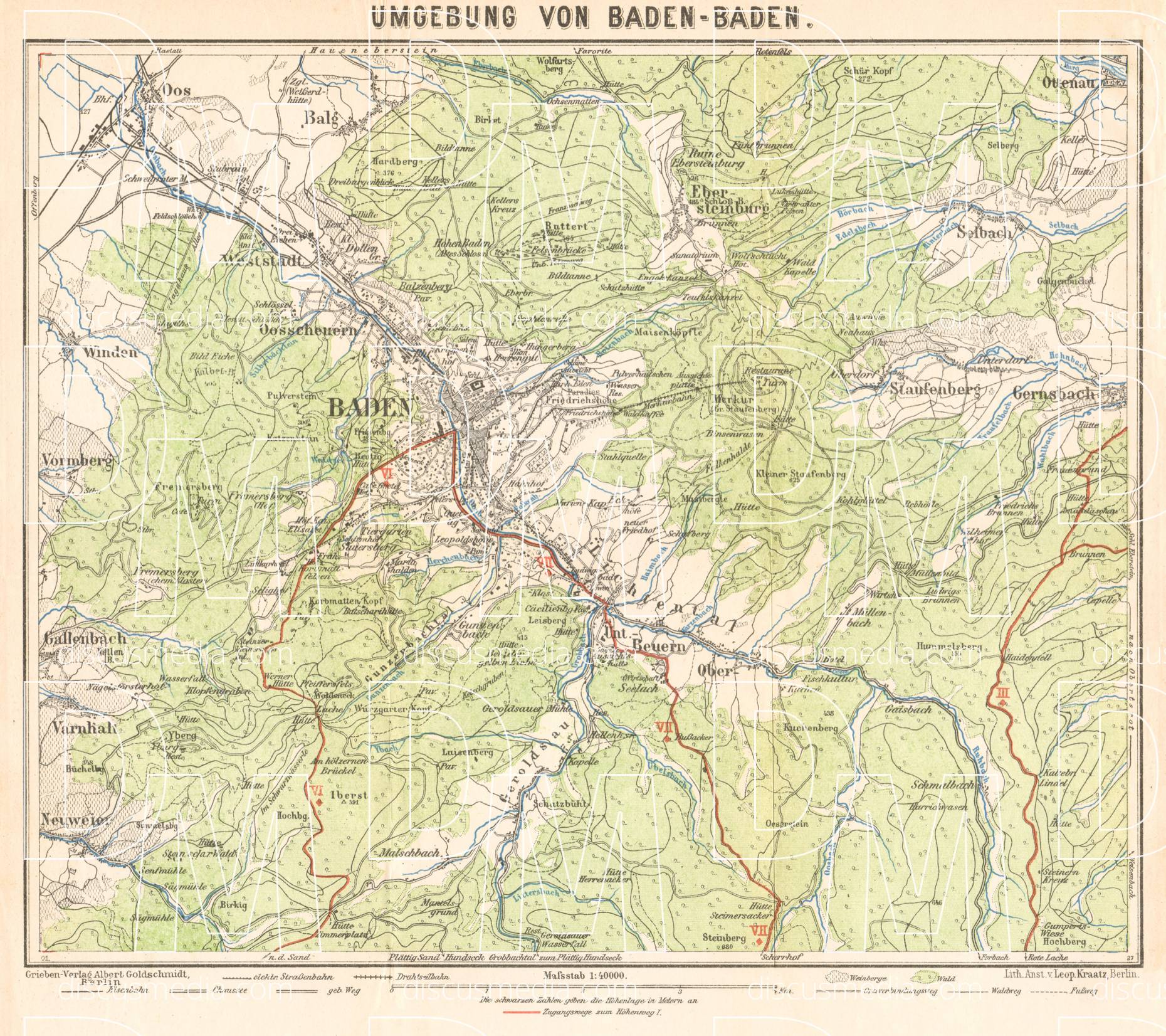 Old map of the environs of Baden-Baden in 1927. Buy vintage map replica
