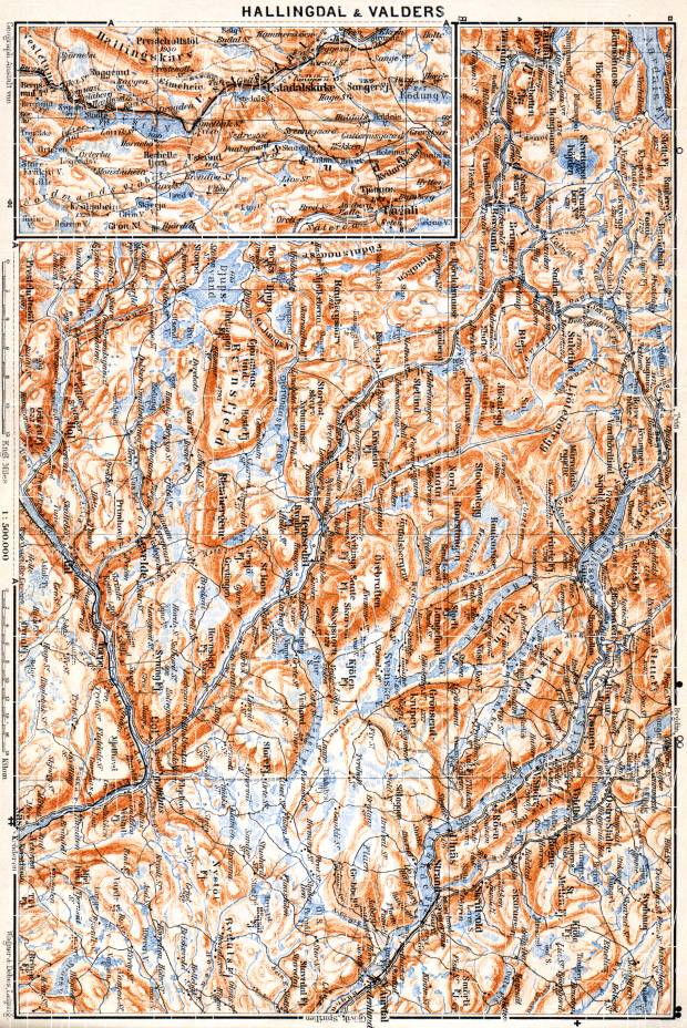 Hallingdal and Valders area map, 1910. Use the zooming tool to explore in higher level of detail. Obtain as a quality print or high resolution image