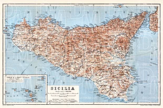 Sicilia (Sicily) map with Lipari Isle map inset, 1912. Use the zooming tool to explore in higher level of detail. Obtain as a quality print or high resolution image