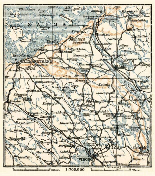 Saimaa Canal map, 1914. Use the zooming tool to explore in higher level of detail. Obtain as a quality print or high resolution image