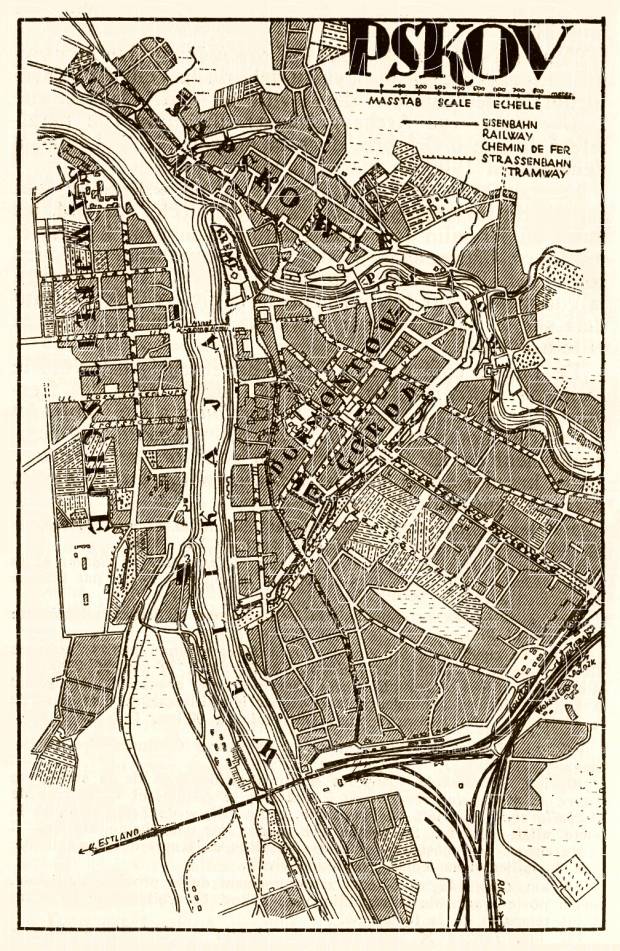 Pskov (Псков) city map, 1928. Use the zooming tool to explore in higher level of detail. Obtain as a quality print or high resolution image