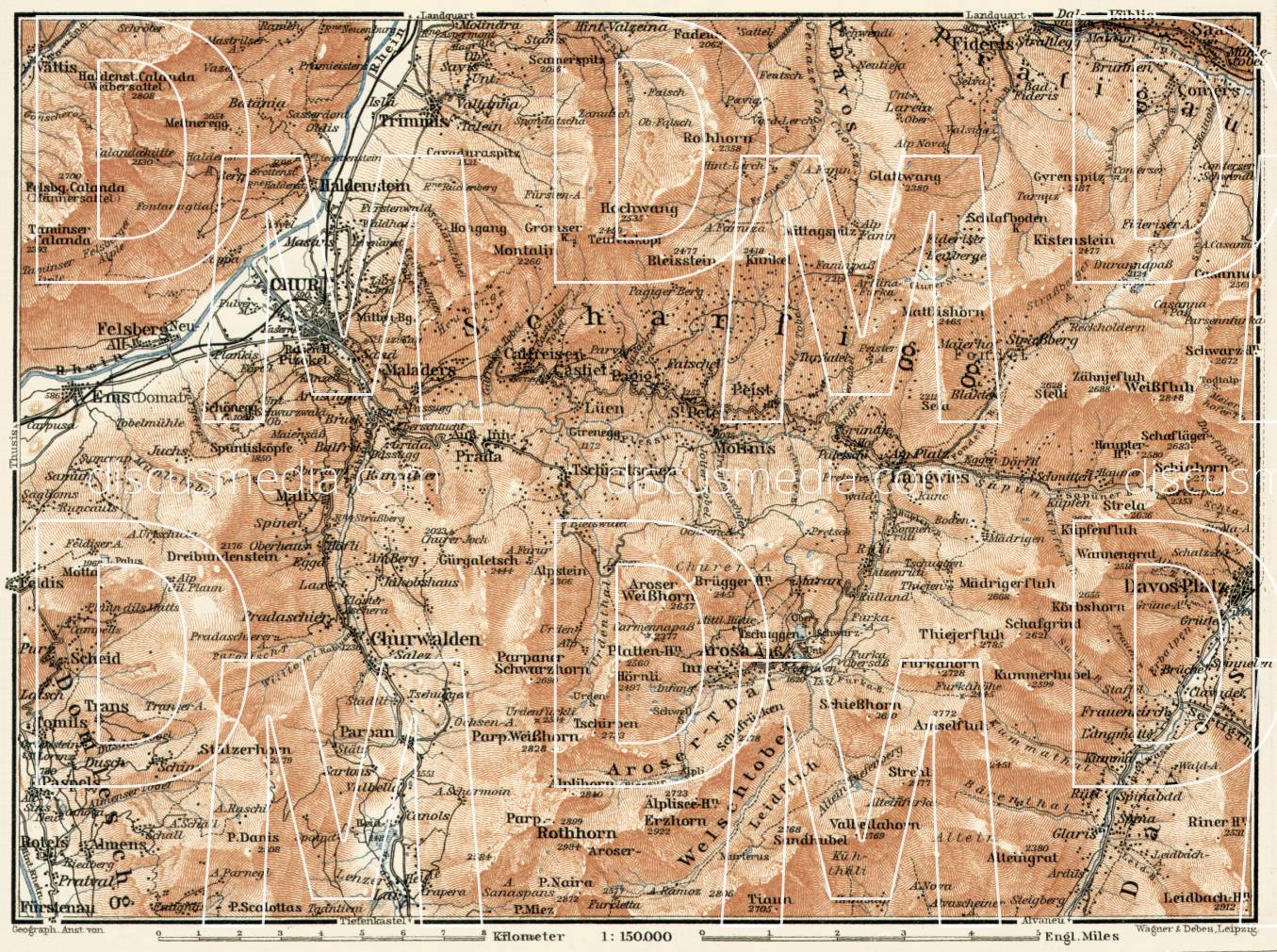 Old map of Chur and Arosa vicinity in 1909. Buy vintage map replica