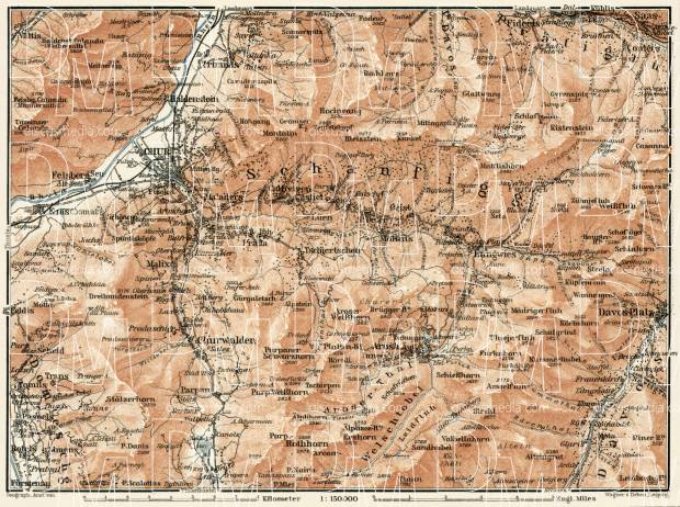 Chur and Arosa environs map (with Schanfigg), 1909. Use the zooming tool to explore in higher level of detail. Obtain as a quality print or high resolution image