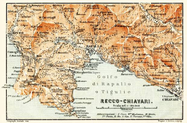 Recco-Chiavari map, 1908. Use the zooming tool to explore in higher level of detail. Obtain as a quality print or high resolution image