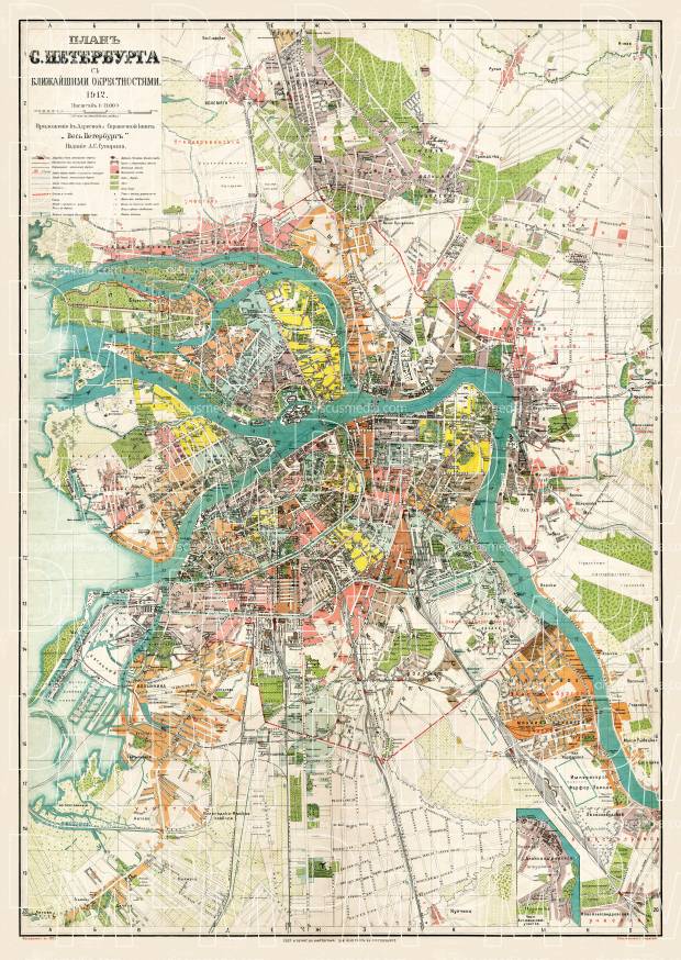 Saint Petersburg (Санктъ-Петербургъ, Sankt-Peterburg) city map, 1912. Use the zooming tool to explore in higher level of detail. Obtain as a quality print or high resolution image