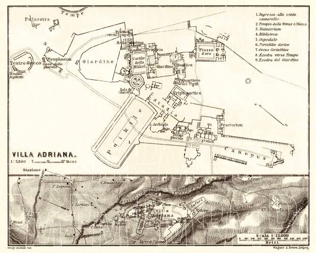 Hadrian´s Villa (Villa Adriana) and environs map, 1898 (Rome). Use the zooming tool to explore in higher level of detail. Obtain as a quality print or high resolution image
