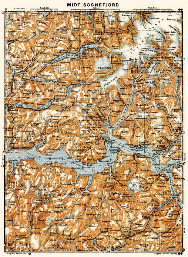Central Sognefjord map, 1910. Use the zooming tool to explore in higher level of detail. Obtain as a quality print or high resolution image