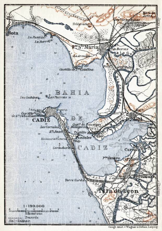 Cádiz and environs map, 1913. Use the zooming tool to explore in higher level of detail. Obtain as a quality print or high resolution image