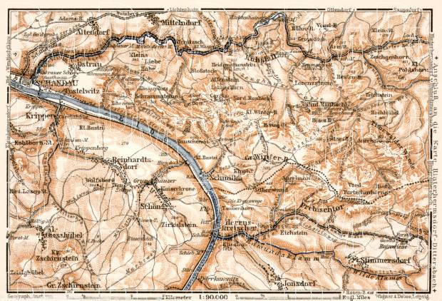 Sächsische Schweiz (Saxonian Switzerland) map from Schandau to Herruskrteschen, 1911. Use the zooming tool to explore in higher level of detail. Obtain as a quality print or high resolution image