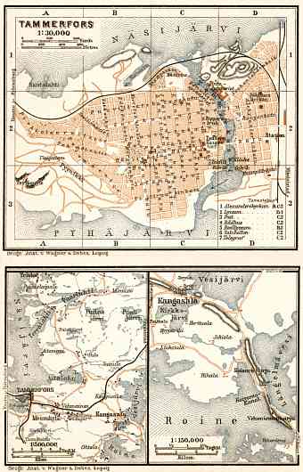 Tammerfors (Таммерфорсъ, Tampere) city map, 1914. Environs of Tammerfors