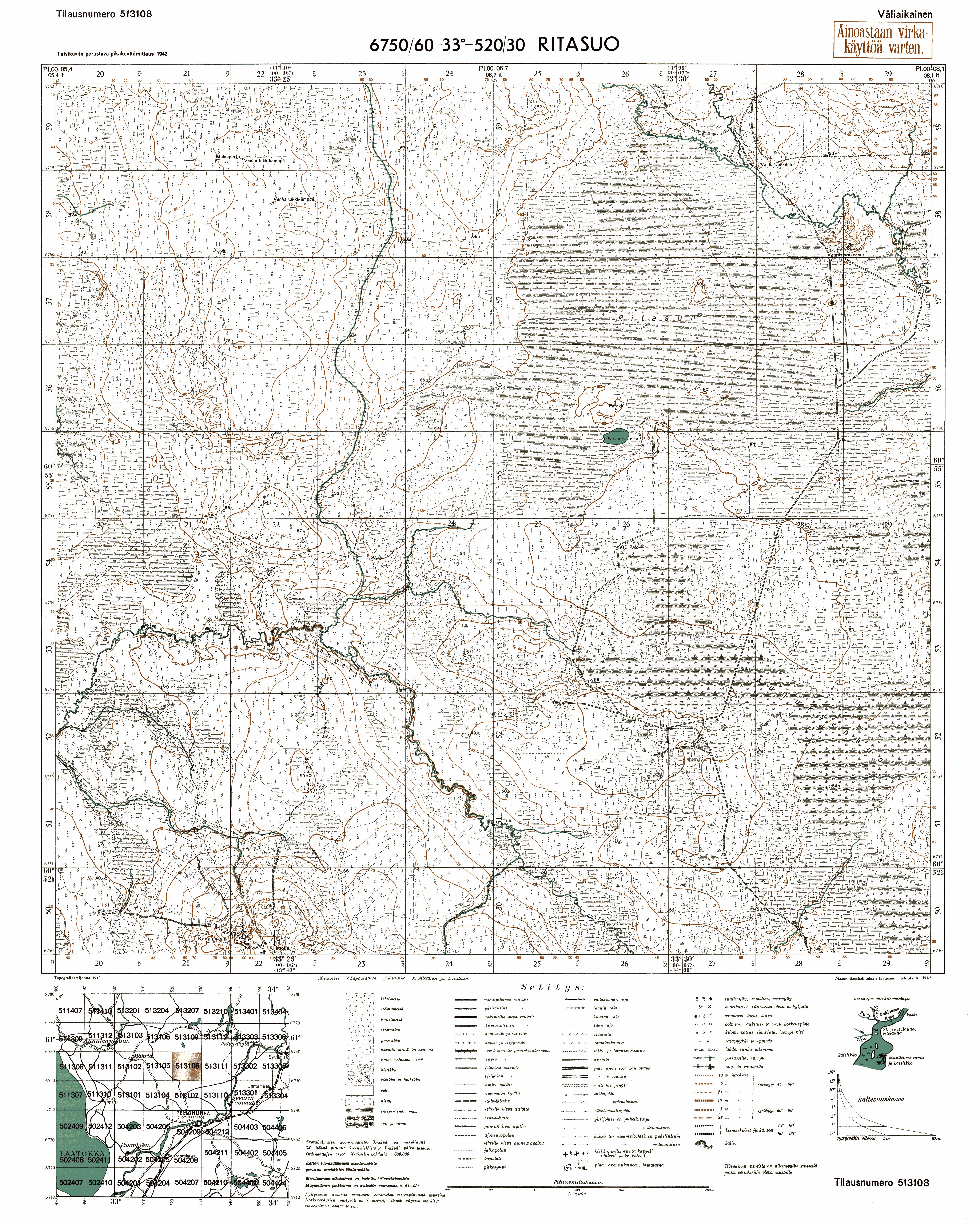 Ritsuboloto Marshes. Ritasuo. Topografikartta 513108. Topographic map from 1942. Use the zooming tool to explore in higher level of detail. Obtain as a quality print or high resolution image