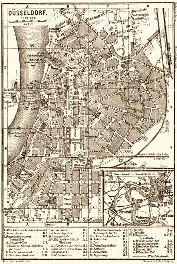 Düsseldorf city map, 1887. Use the zooming tool to explore in higher level of detail. Obtain as a quality print or high resolution image
