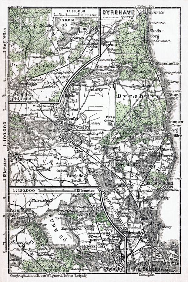 Dyrehave and environs map (Jægersborg Dyrehave in Copenhagen), 1931. Use the zooming tool to explore in higher level of detail. Obtain as a quality print or high resolution image