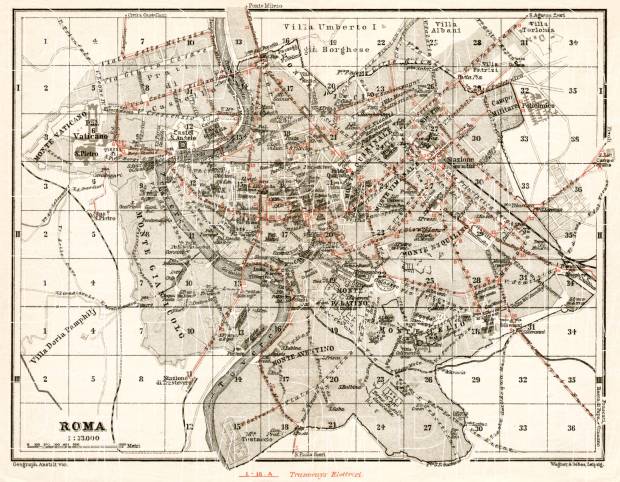 Rome (Roma), tramway network map, 1909. Use the zooming tool to explore in higher level of detail. Obtain as a quality print or high resolution image