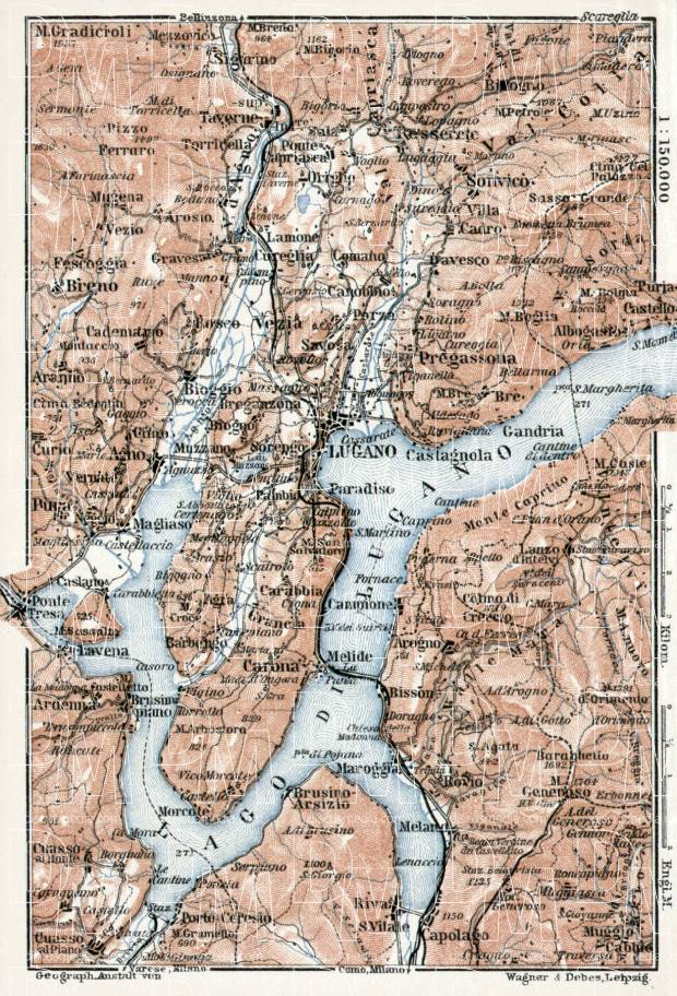 Lugano and environs map, 1909. Use the zooming tool to explore in higher level of detail. Obtain as a quality print or high resolution image