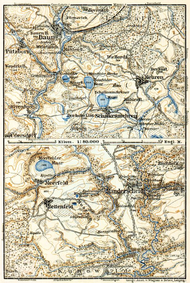 Daun, Manderscheid and environs map, 1905. Use the zooming tool to explore in higher level of detail. Obtain as a quality print or high resolution image