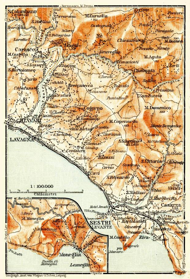 Sestri Levante and environs map, 1908. Use the zooming tool to explore in higher level of detail. Obtain as a quality print or high resolution image