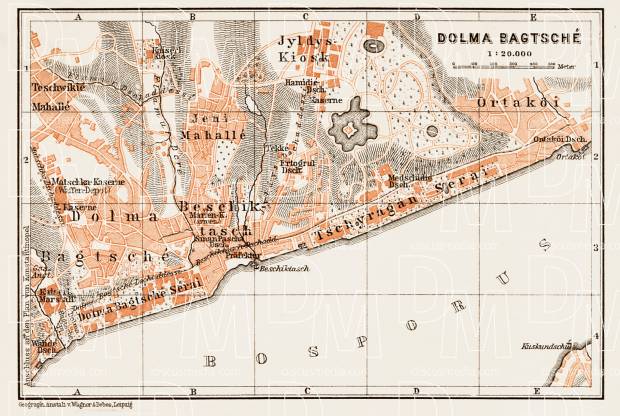Constantionople (قسطنطينيه, İstanbul, Istanbul): Dolma Bagtsche (Dolmabahçe) District Map, 1914. Use the zooming tool to explore in higher level of detail. Obtain as a quality print or high resolution image