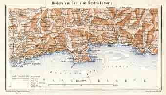 Italian Genoese/Levantian Riviera (Riviére) from Genua to Sestri Levante map, 1929