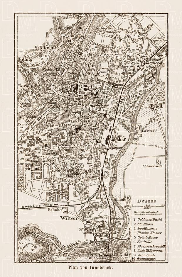 Innsbruck city map, 1903. Use the zooming tool to explore in higher level of detail. Obtain as a quality print or high resolution image