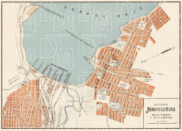 Novorossiysk (Новороссiйскъ) city map, 1912. Use the zooming tool to explore in higher level of detail. Obtain as a quality print or high resolution image