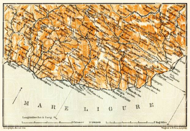 Italian Genoese Riviera (Rivière) from Pontimiglia to Ceriale, 1908. Use the zooming tool to explore in higher level of detail. Obtain as a quality print or high resolution image