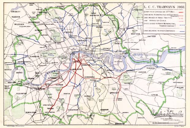 London City Council Tramway network map, 1904. Use the zooming tool to explore in higher level of detail. Obtain as a quality print or high resolution image