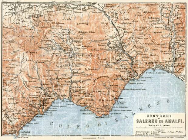 Salerno to Amalfi district map, 1912. Use the zooming tool to explore in higher level of detail. Obtain as a quality print or high resolution image