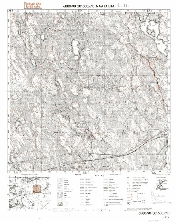 Njatjaoja. Näätäoja. Topografikartta 521109. Topographic map from 1940. Use the zooming tool to explore in higher level of detail. Obtain as a quality print or high resolution image