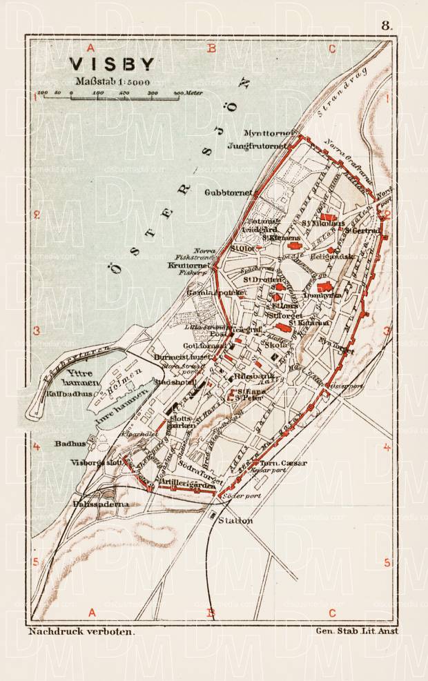 Visby (Wisby) city map, 1899. Use the zooming tool to explore in higher level of detail. Obtain as a quality print or high resolution image