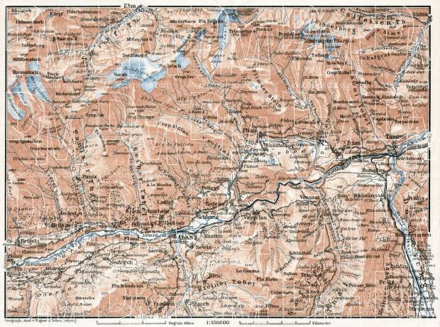Ilanz, Flims and environs map, 1909. Use the zooming tool to explore in higher level of detail. Obtain as a quality print or high resolution image
