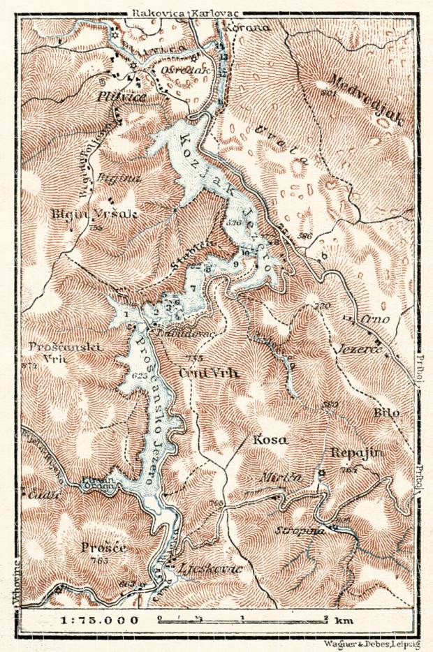 Plitvice Lakes map, 1929. Use the zooming tool to explore in higher level of detail. Obtain as a quality print or high resolution image