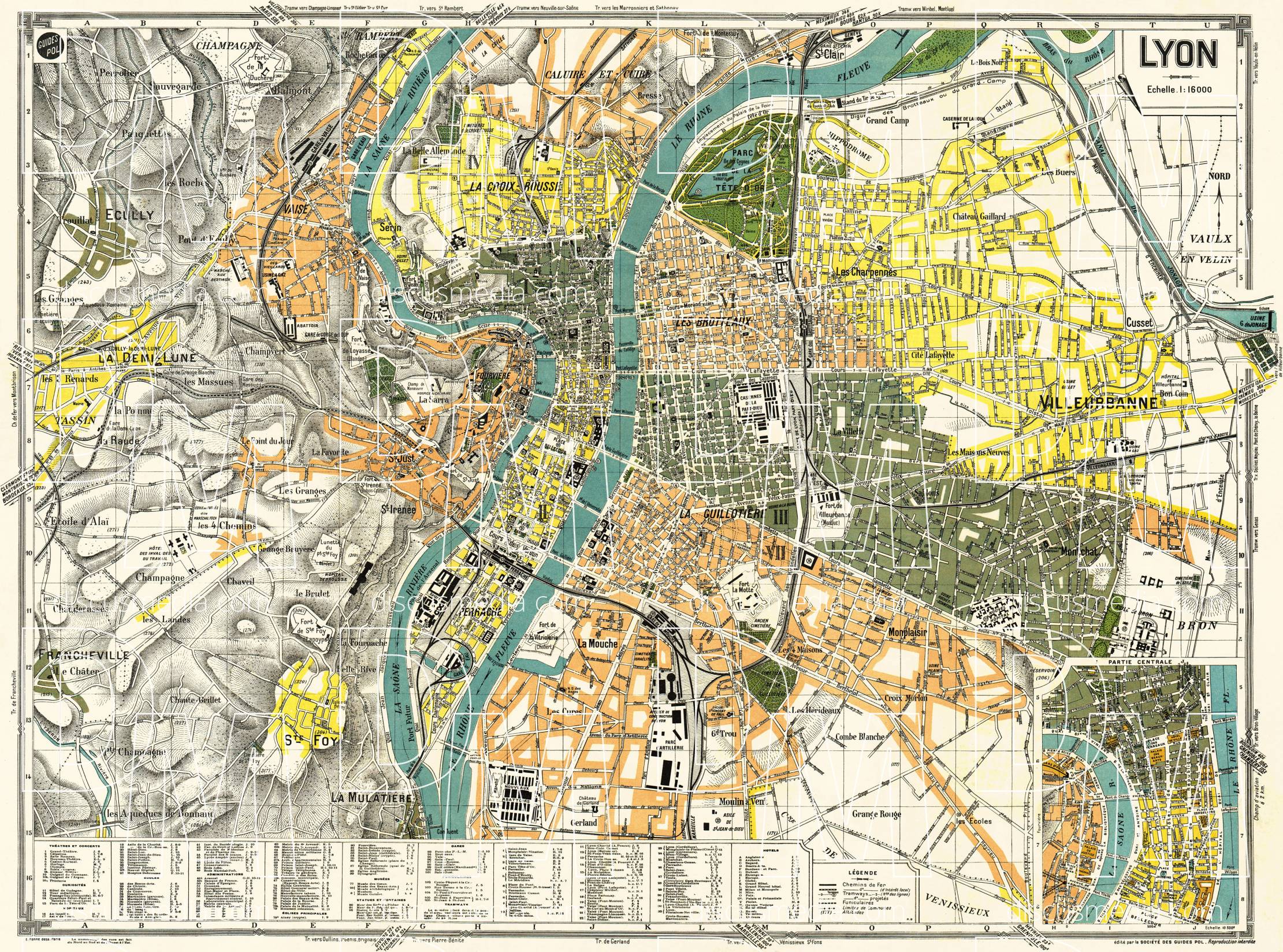 Old map of Lyon in 1918. Buy vintage map replica poster print or download picture