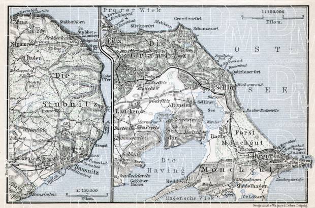 Stubnitz, Granitz and Mönchgut region map, 1911. Use the zooming tool to explore in higher level of detail. Obtain as a quality print or high resolution image