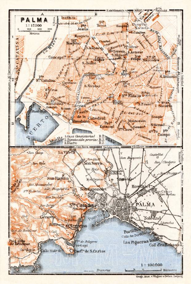 Palma (Palma de Mallorca) city map, 1929. Environs of Palma. Use the zooming tool to explore in higher level of detail. Obtain as a quality print or high resolution image