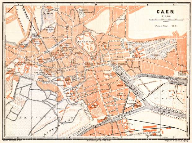 Caen city map, 1910. Use the zooming tool to explore in higher level of detail. Obtain as a quality print or high resolution image