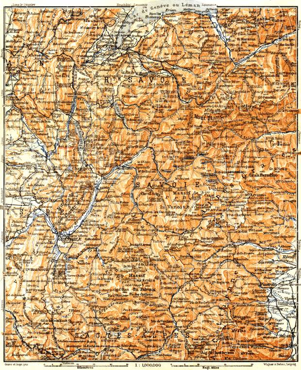 Savoie Mountains map, 1900. Use the zooming tool to explore in higher level of detail. Obtain as a quality print or high resolution image