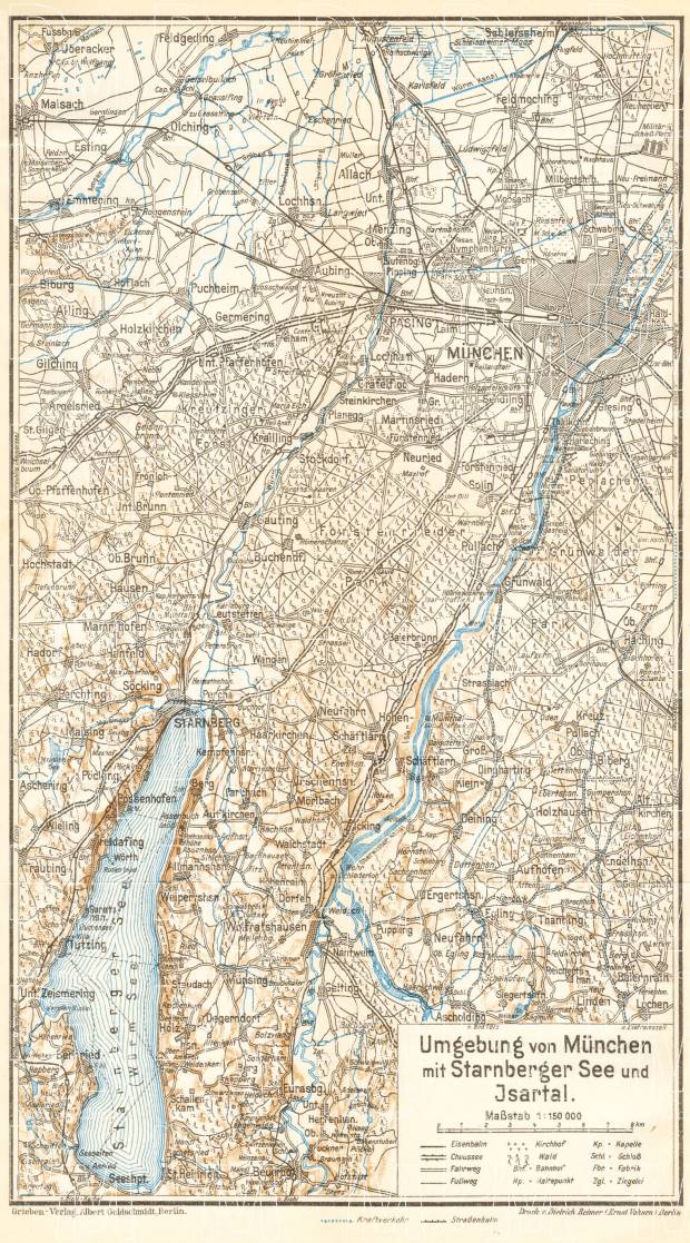 Map of the environs of Munich (München), 1928. Use the zooming tool to explore in higher level of detail. Obtain as a quality print or high resolution image