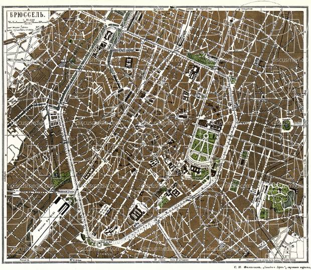 Brussels (Брюссель, Brussel, Bruxelles), city map (Legend in Russian), 1900. Use the zooming tool to explore in higher level of detail. Obtain as a quality print or high resolution image