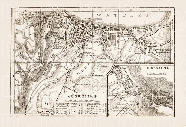 Jönköping city map, 1899. With Husqvarna plan inset. Use the zooming tool to explore in higher level of detail. Obtain as a quality print or high resolution image